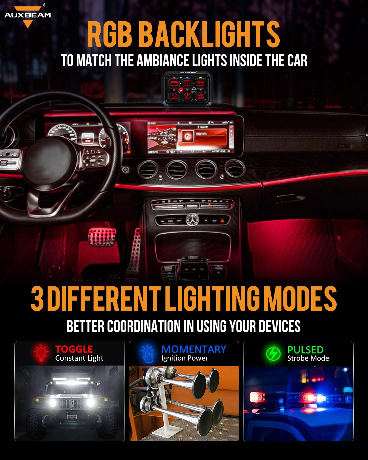 AUXBEAM RA60 RGB 6 Gang Switch Panel Toggle Momentary Pulsed Automatic Dimmable