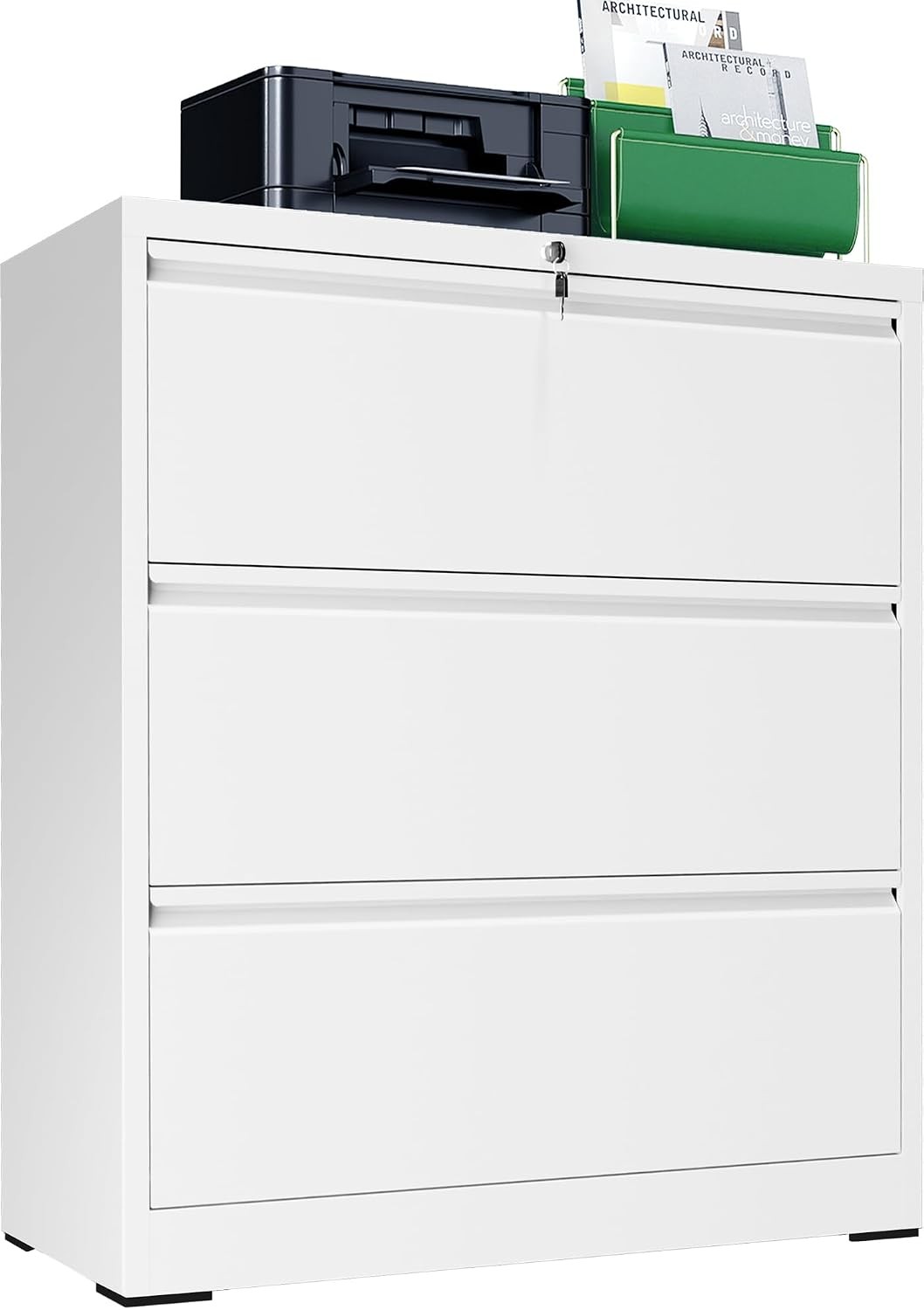 White 3 Drawer Lateral File Cabinet With Lock Heavy Duty Steel Printer Stand Fit
