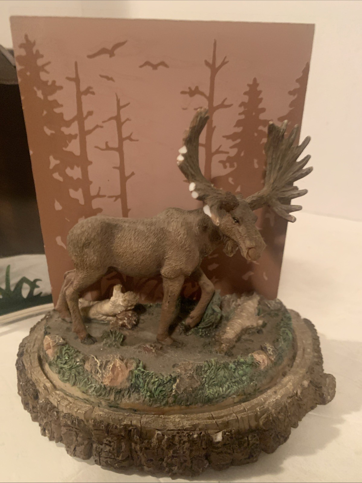 Night Light Light Up Rustic Woods Trees Moose Cattails Stump 7.5”