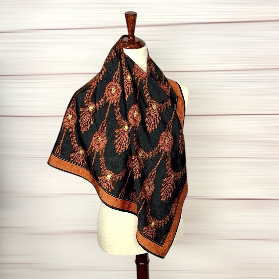Vintage Evan Picone Silk Scarf Black with Cooper Tassel and Garland Motif Japan
