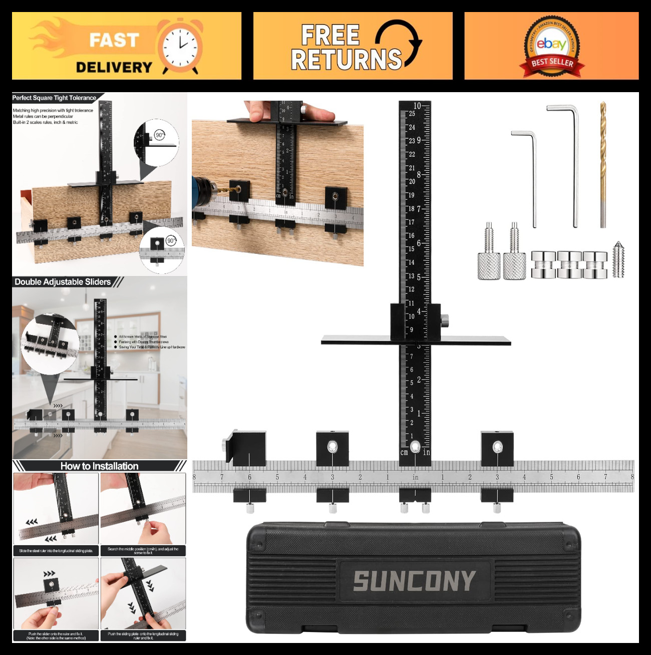 Adjustable Cabinet Hardware Jig for Easy Installation of Door & Drawer Knobs, Pu