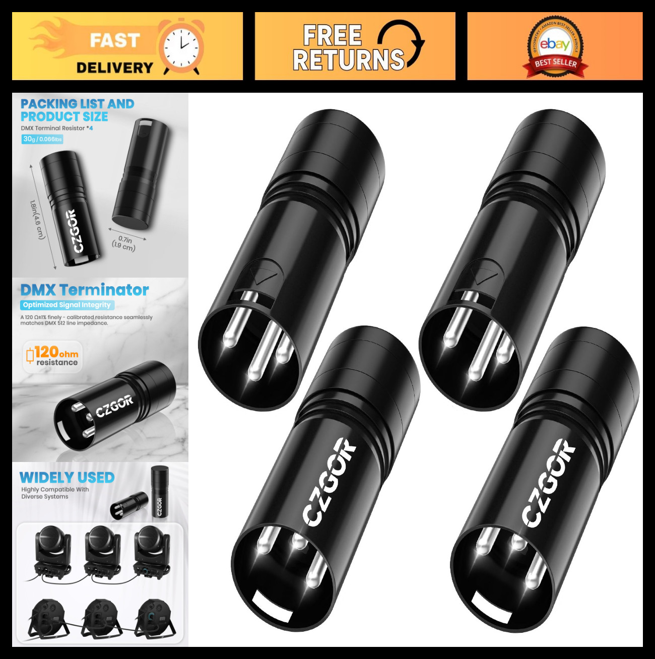 4 Pack 3-Pin DMX Terminators, 120 Ohm XLR Resistors for Stage Lighting & DJ Audi