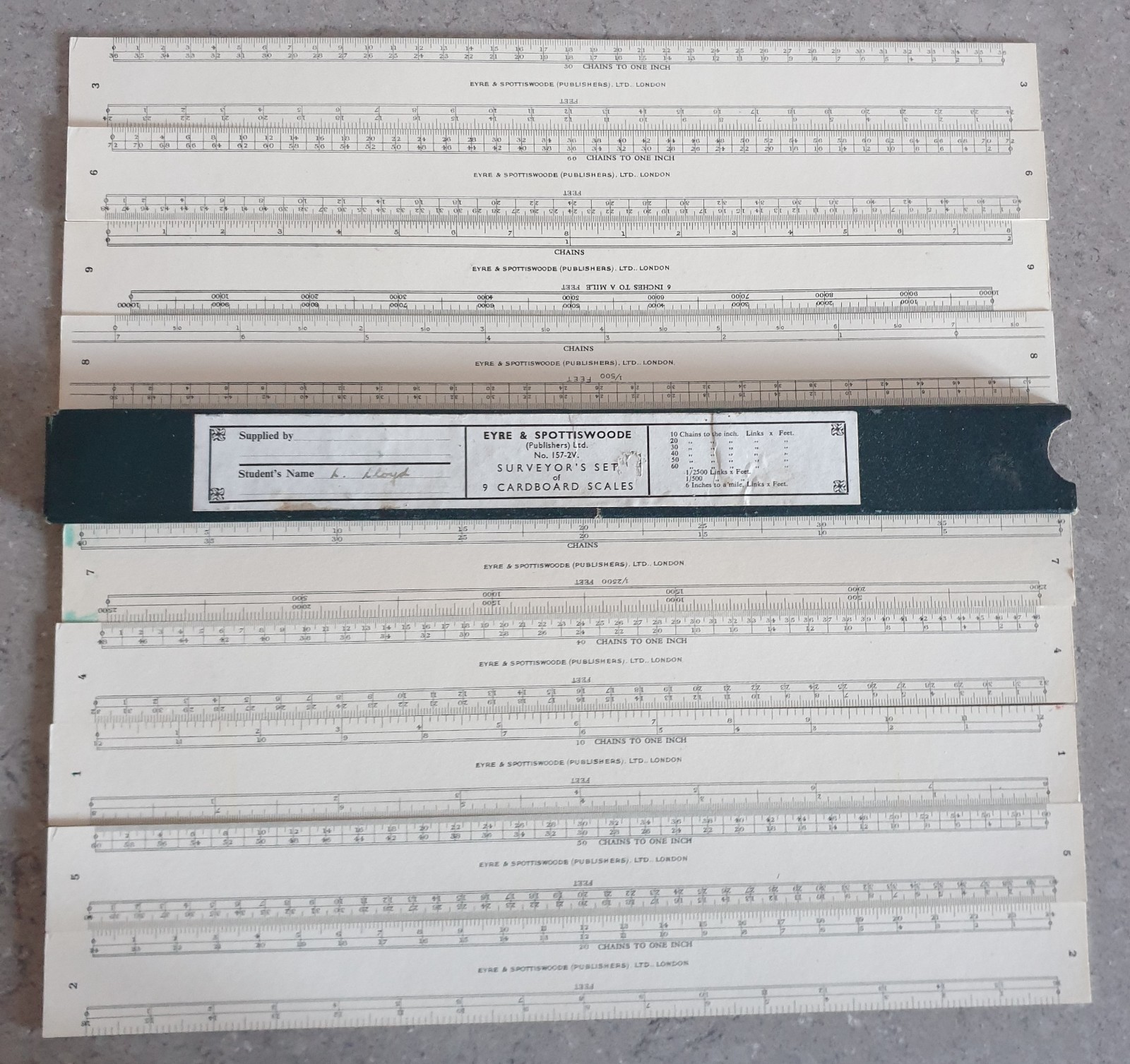 EYRE & SPOTTISWOODE SURVEYORS SET OF 9 CARDBOARD SCALES IN VERY GOOD CONDITION