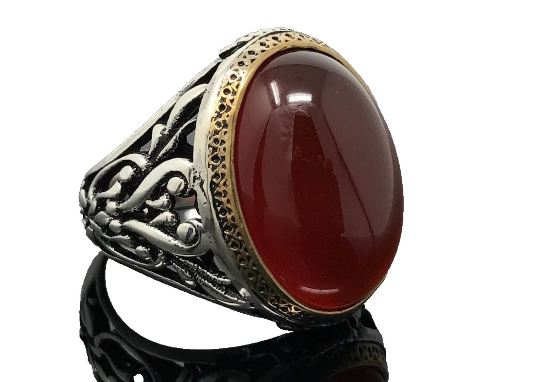 Men’s 925 Silver Natural Yemeni Red Carnelian Aqeeq Stone Ottoman Ring