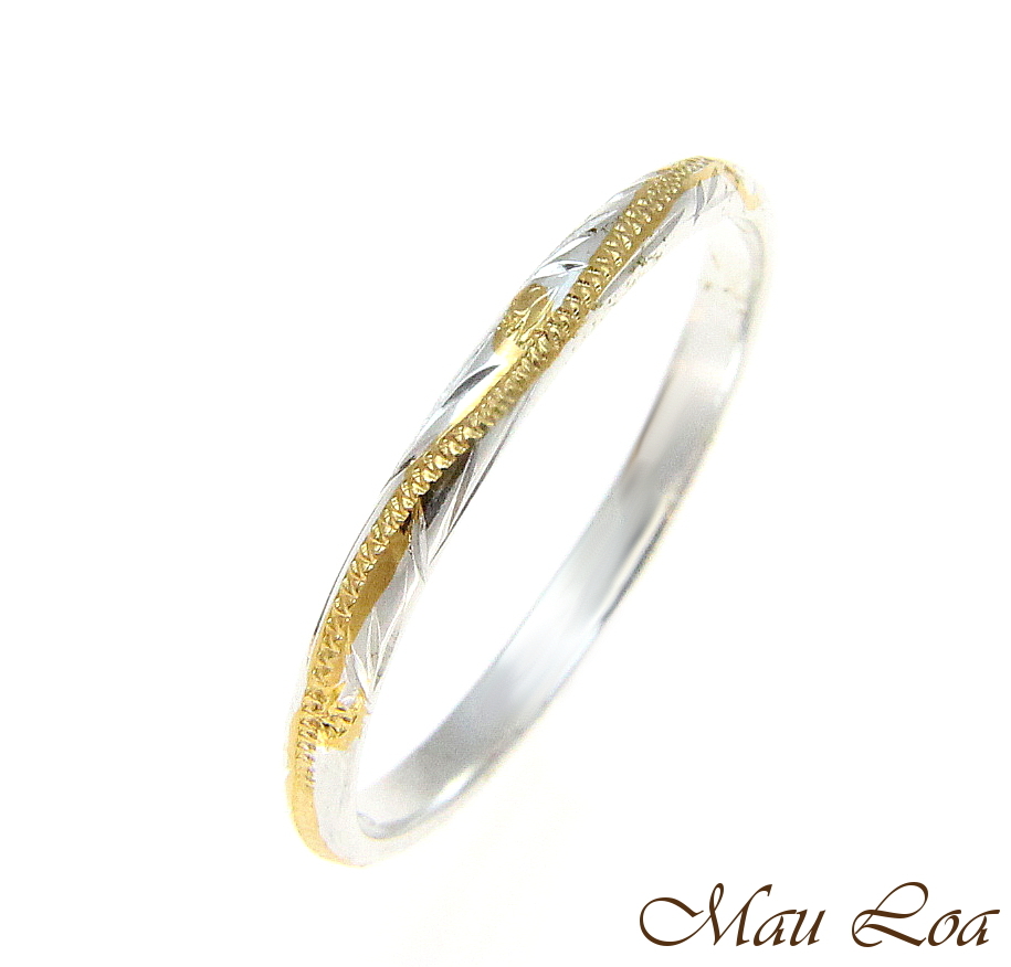925 Silver 2 Tone Yellow Gold 2mm Hawaiian Scroll Hand Engraved Ring Band #1-9