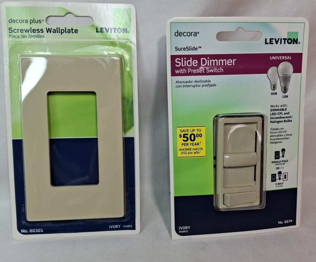 LEVITON Sure Slide Dimmer Wall Switch Dimmable LED Halogen & Wallaplate ~ IVORY