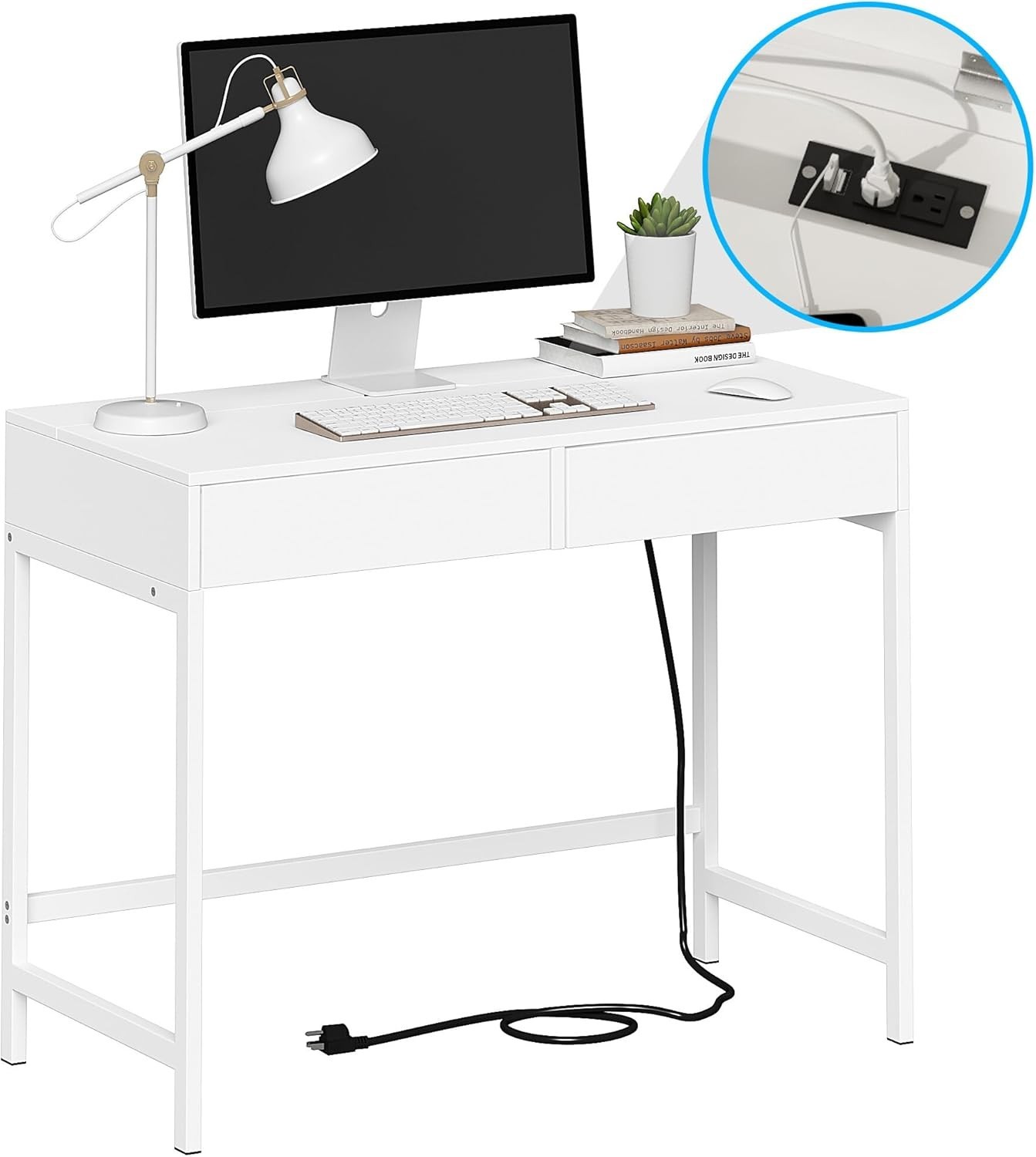 Computer Desk W/ USB Charging Ports & Power Outlets Modern Simple 40 inch White