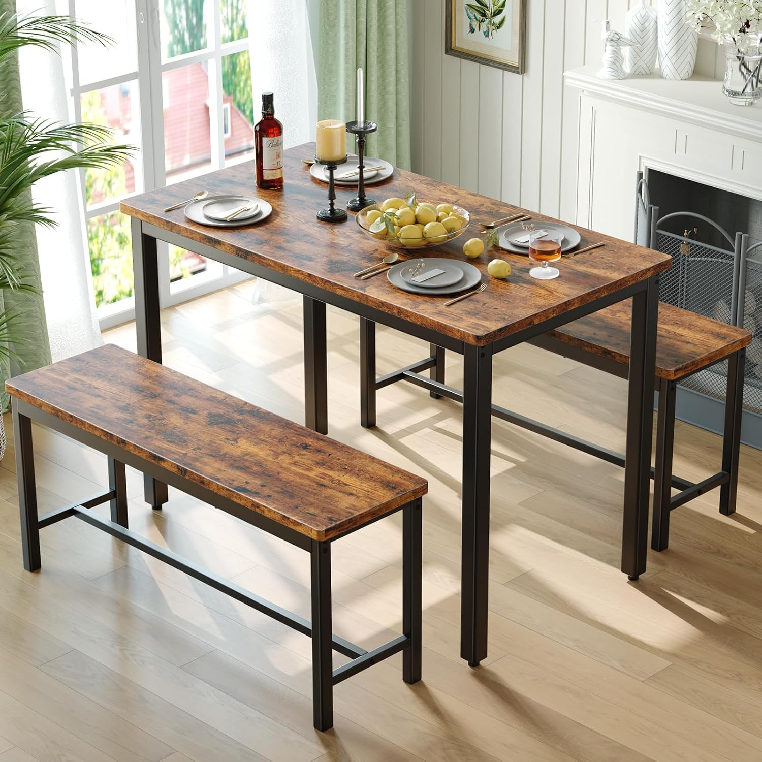 Compact 3-Piece Dining Table Set for 4 with Benches - Space-Saving Design