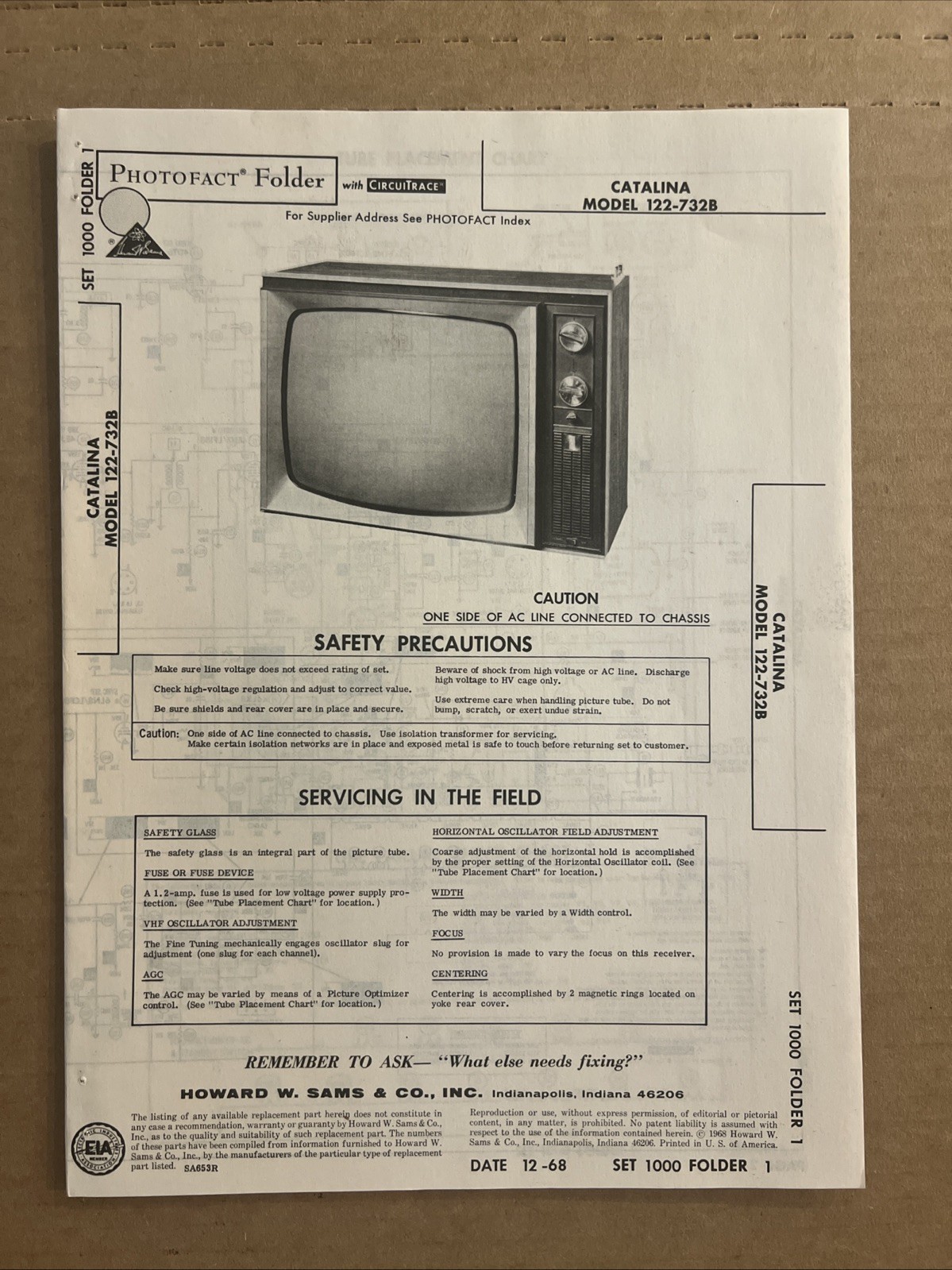 Vintage Sams Photofact Schematic 12-1968 CATALINA MODEL 122-732B