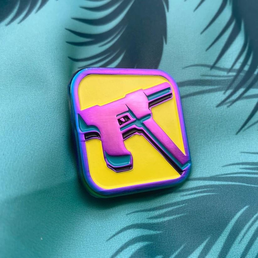 VICE CITY HEATER ANODIZED METAL ENAMEL LAPEL PIN FROM CLAY GRAHAM