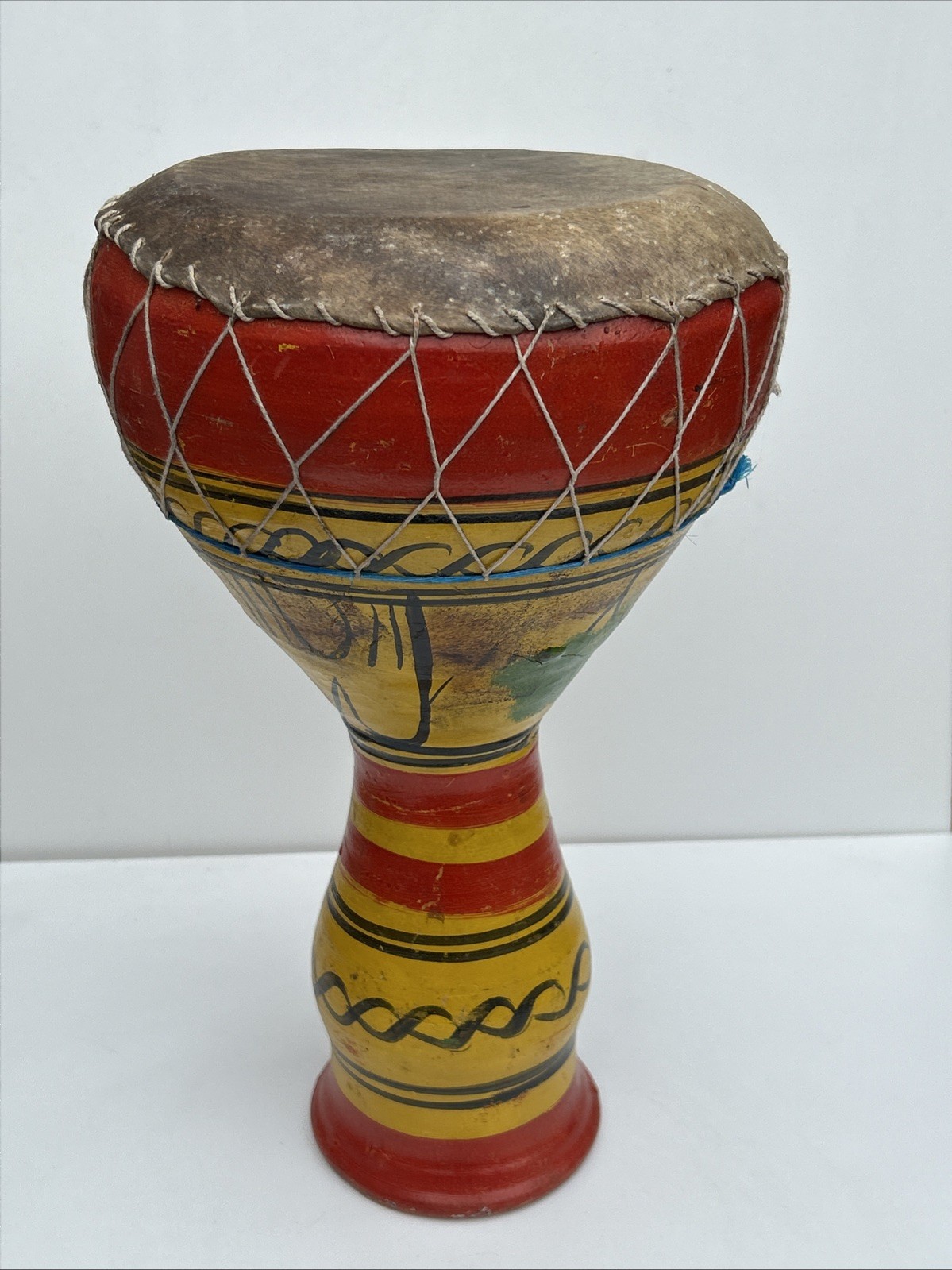 Carved Wooden Djembe Bongo Painted African Influenced Drum High Handmade.