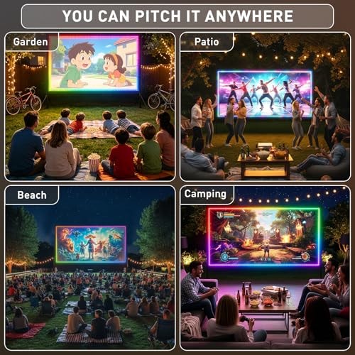 Projector Screen with Stand, USB String Lights Connection 16:9 4K HD 150 inch