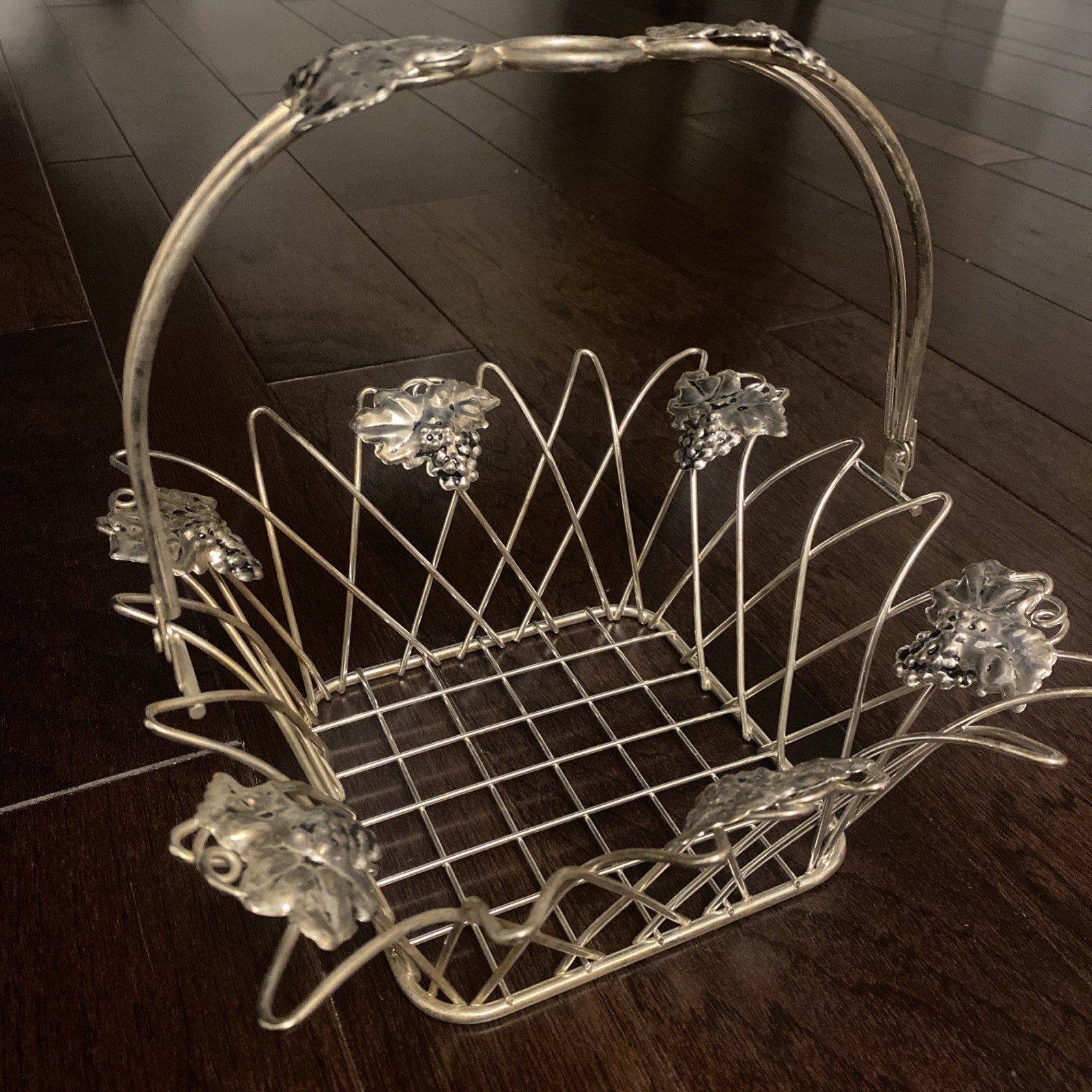 Vintage Square Fruit Basket Silver Plate - Grape Motif Swivel Handle and Tongs