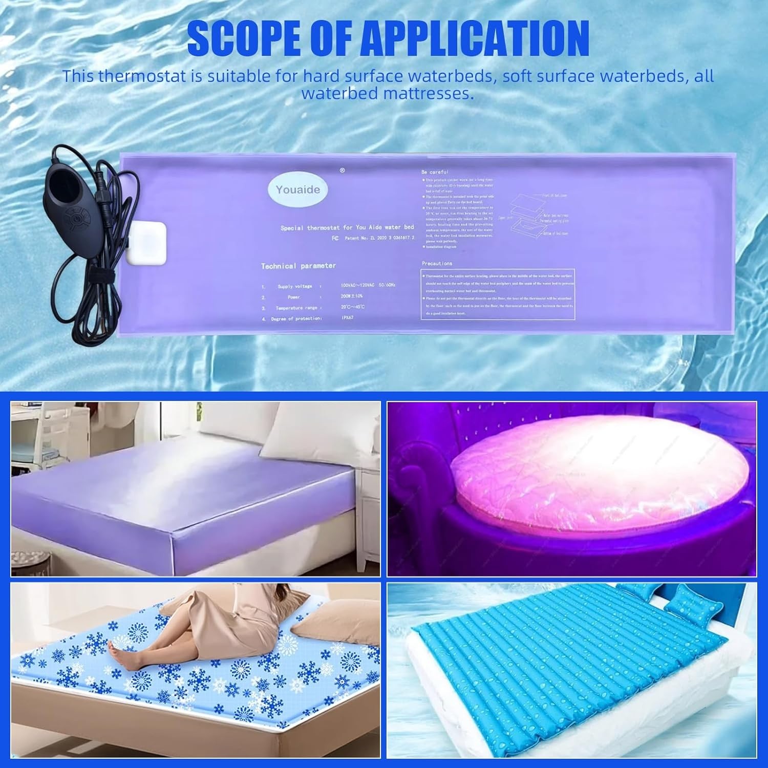Smart Waterbed Heater with LED Digital Controller, 250W Waterbed Heating Pad
