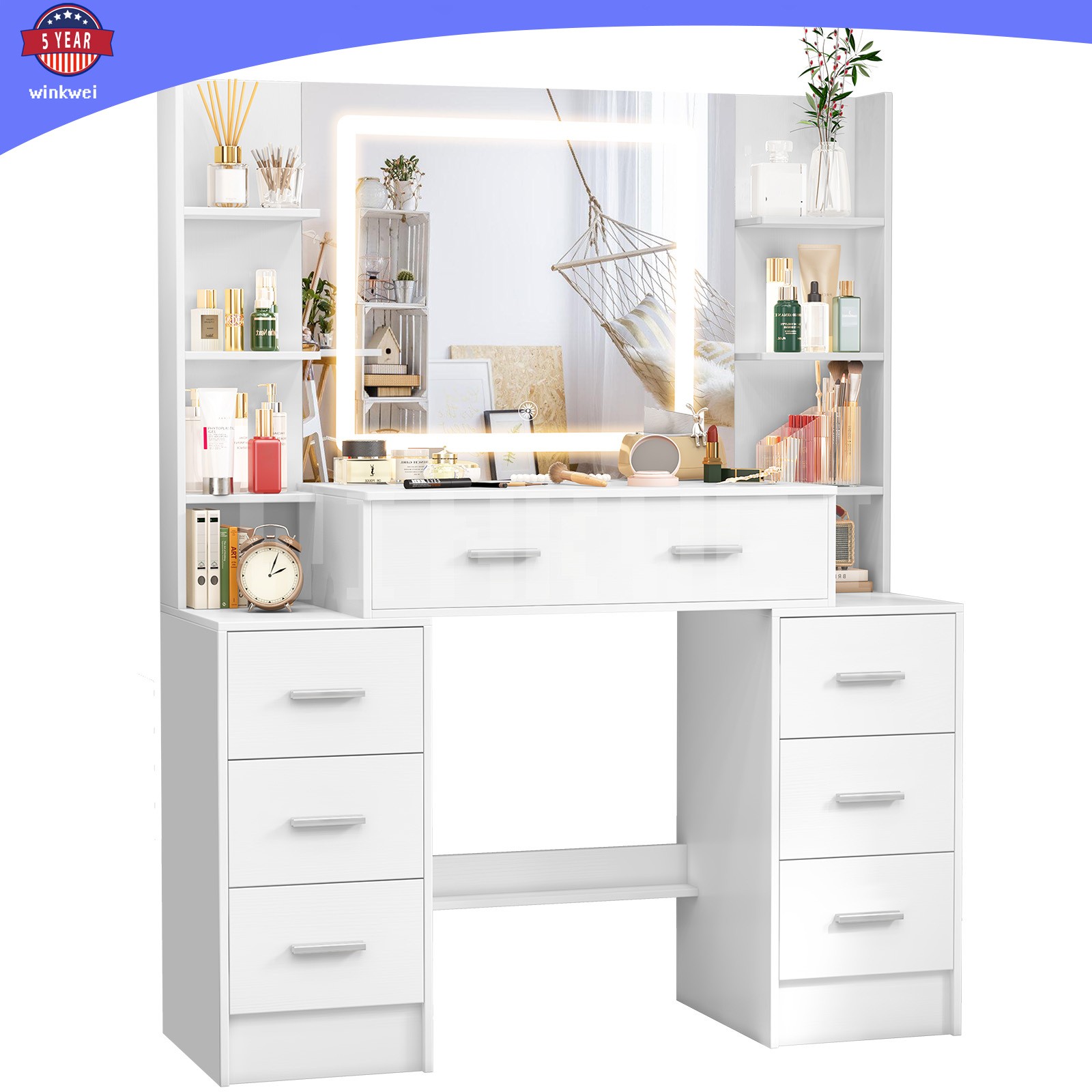 Extra Large Vanity Table with Smart LED Mirror & 8 Shelves Makeup Dressing Desk