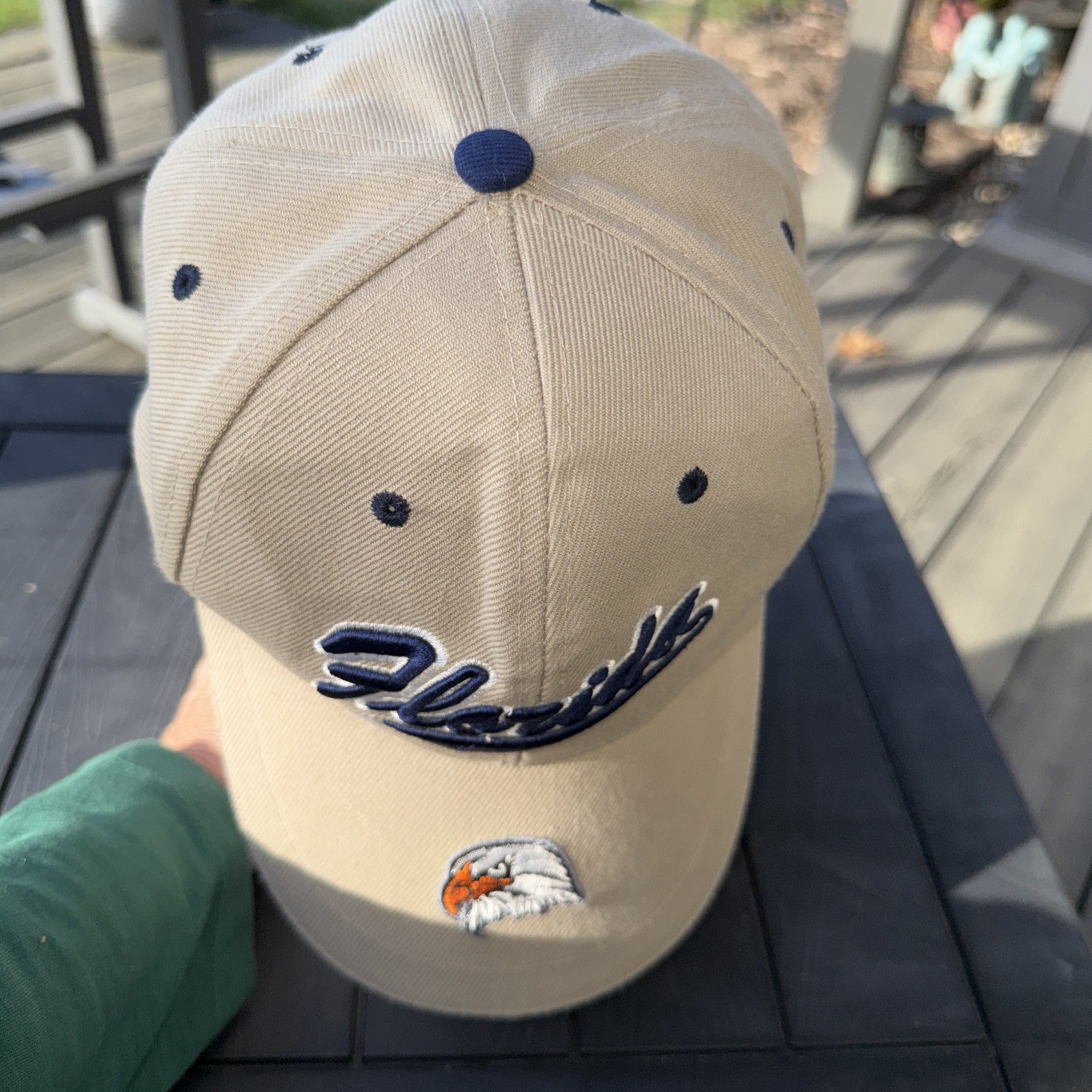 Florida Script navy And White on Tan Hat Cap W Eagle Hook Loop Acrylic EUC