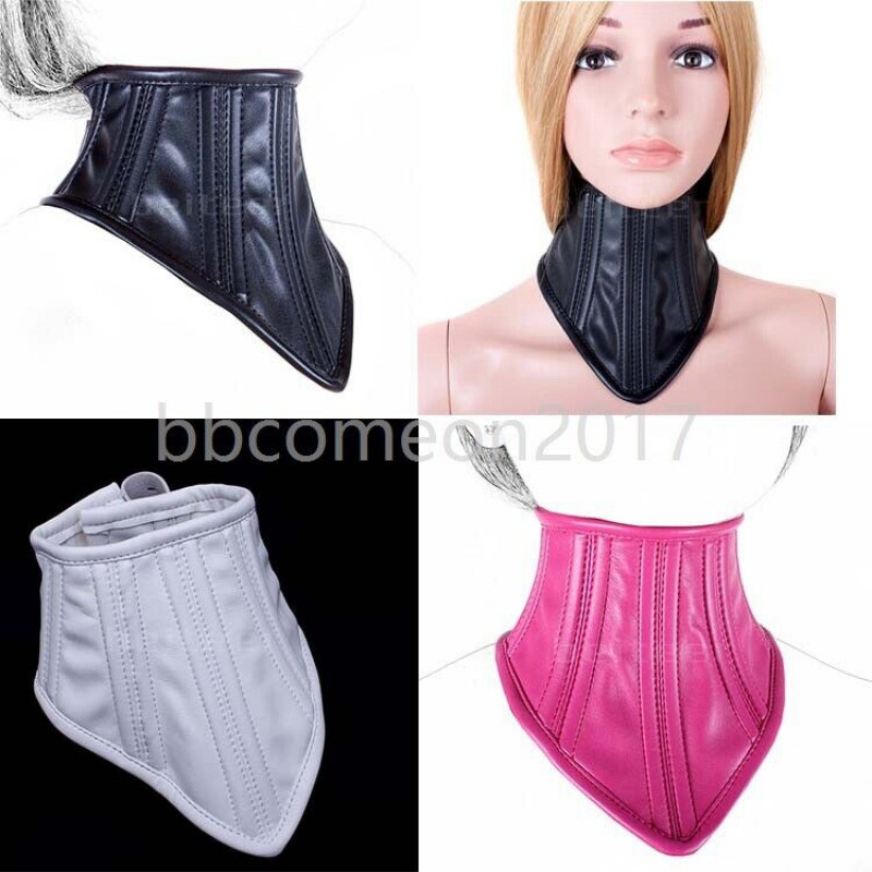 Unisex Lockable Leather Neck Corset Collar Posture Slave Restraints Bondage