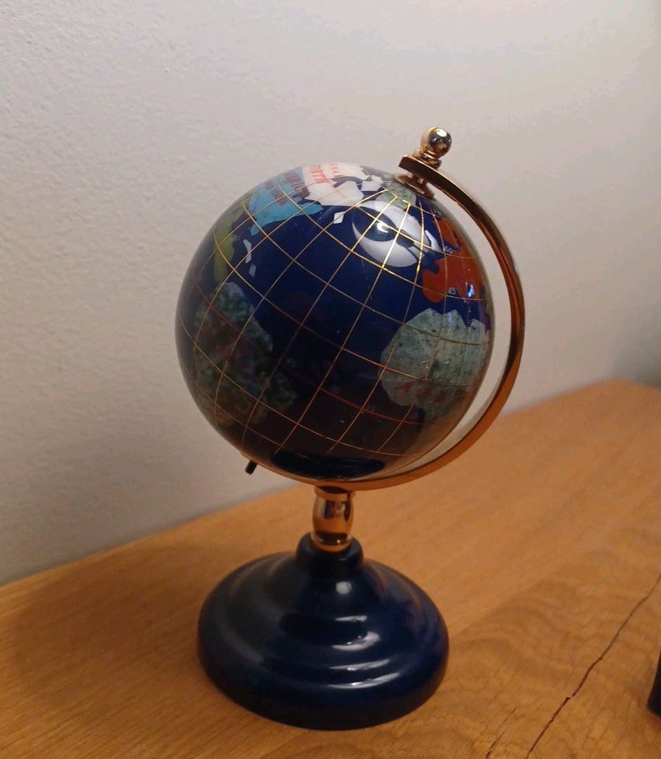 Vtg Desktop Globe Semi Precious Inlaid 6”Lapis Abalone Pearl Natural Stones