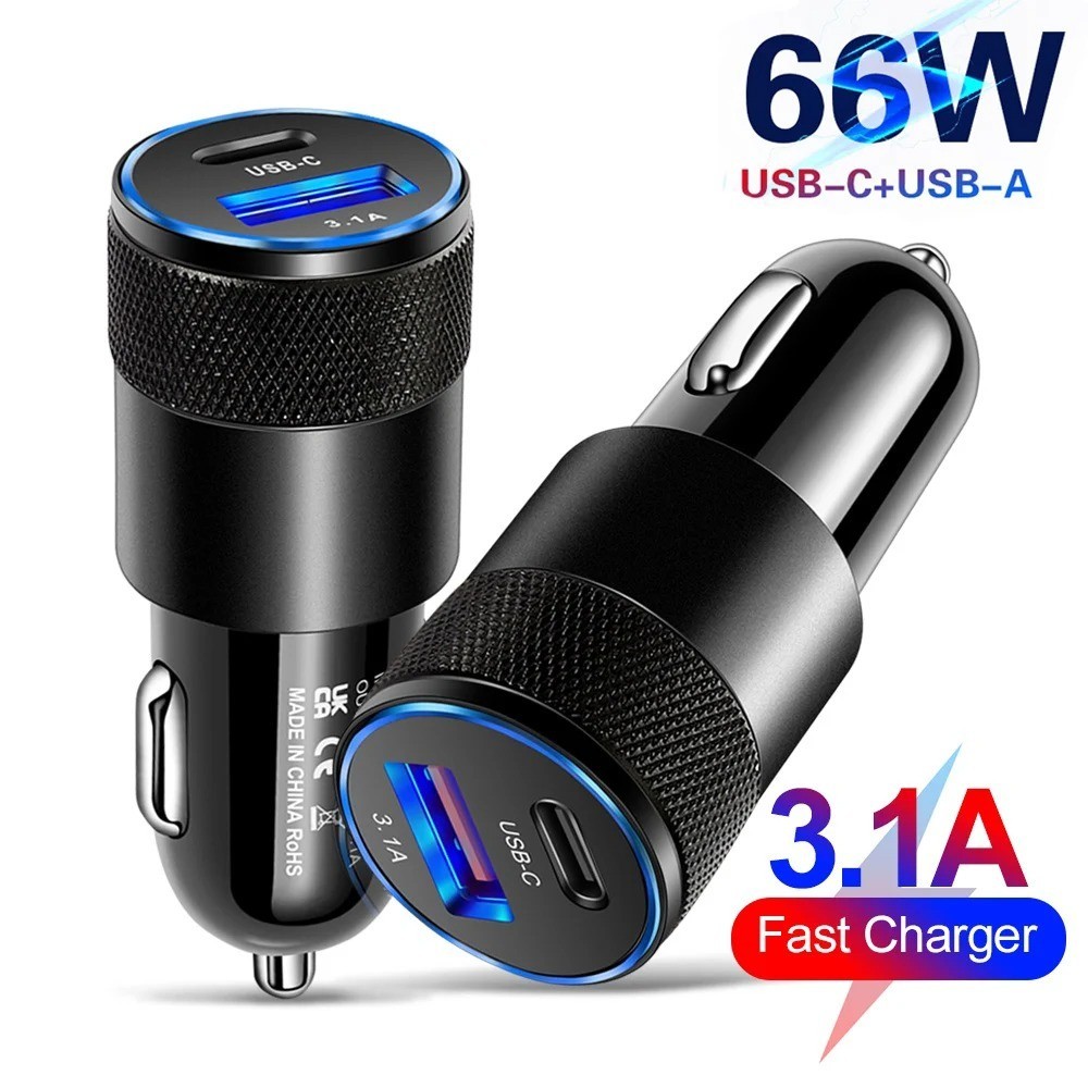 66W USB Car Charger Type C Fast Charging – Dual Port PD Phone Adapter