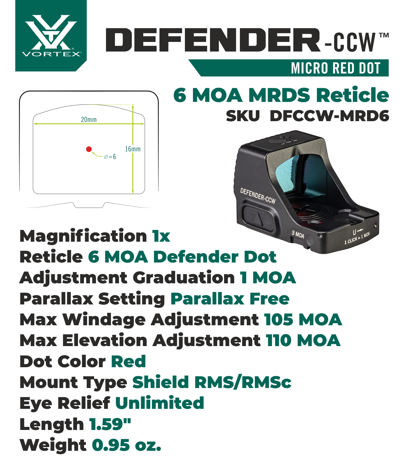 Vortex Optics Defender-CCW 6 MOA Red Dot with Free Camo Digital Hat Bundle