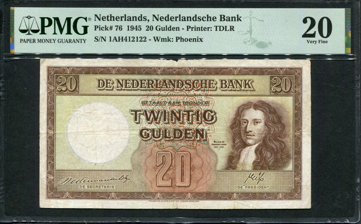 Netherlands 1945, 20 Gulden, P76, PMG 20 VF