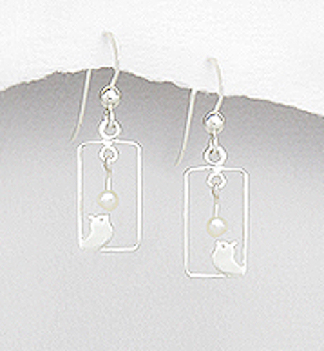 Solid Sterling Silver Freshwater Pearl Tweeting Bird 1.2" Dangle Earrings 1.3g