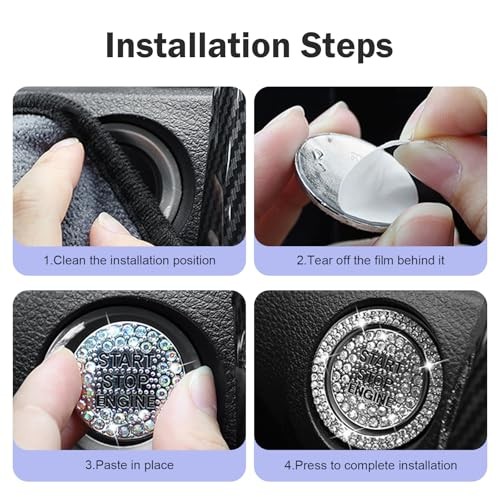 Bling Car Engine Start Stop Button Ring, Sparkling Crystal Engine 2 PCS White