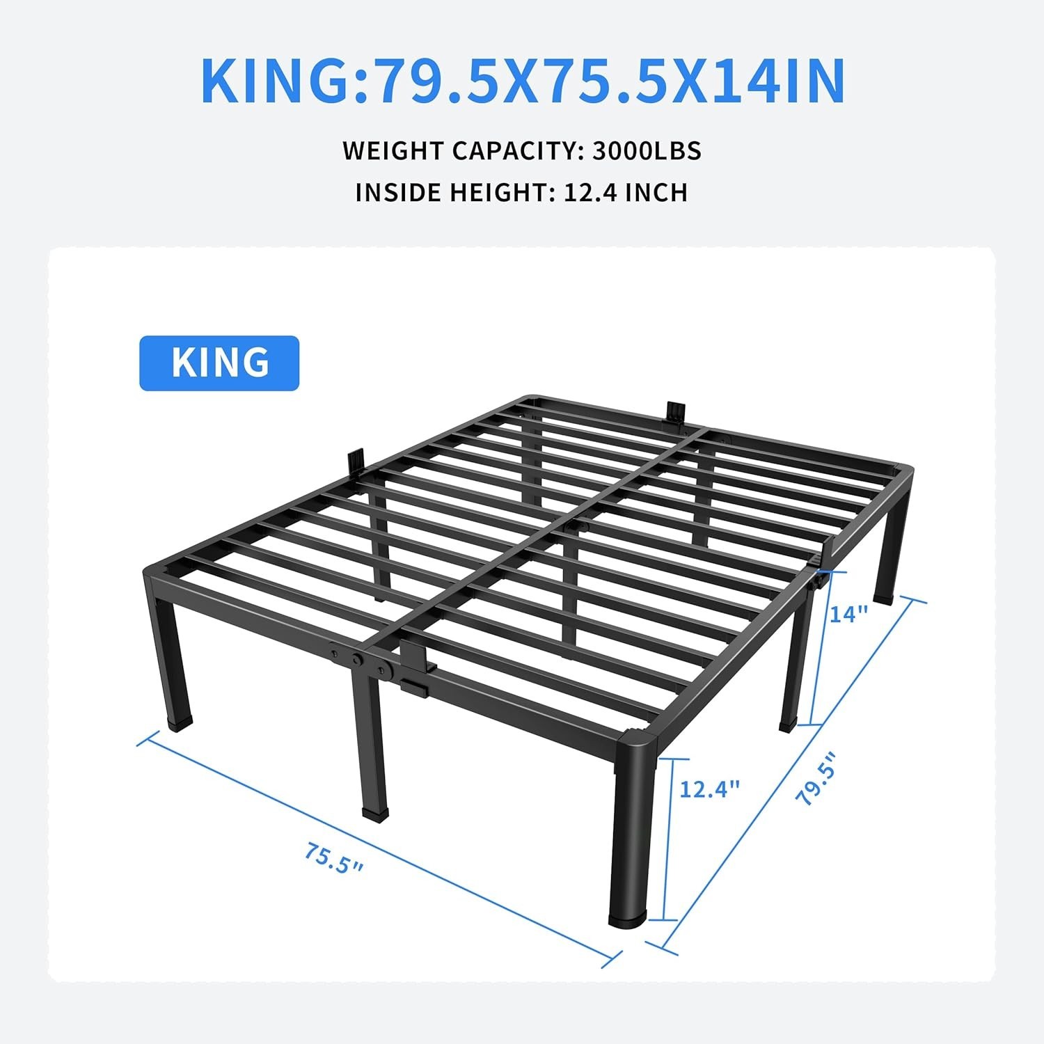 Sturdy 14-inch King Metal Bed Frame with Rounded Corners & No Box Spring Needed