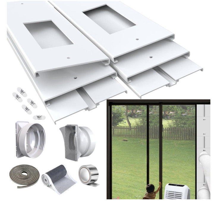 Portable AC Sliding Door Vent Kit Dual Hose Adapter Universal Window Glass Slide