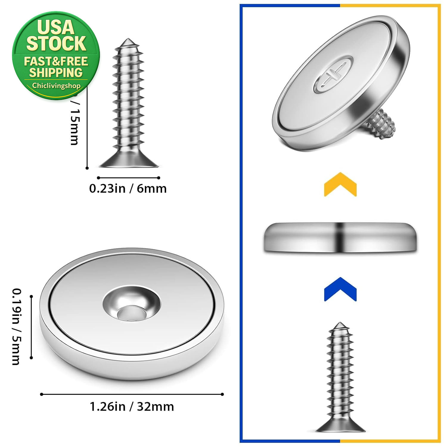 8 Pack Neodymium Cup Magnets 100 Lbs Pull Force 1.26 Inch D round Base