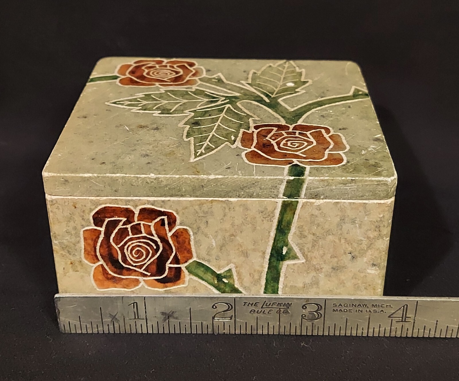 Carved Stone With Handpainted Roses Trinket Box