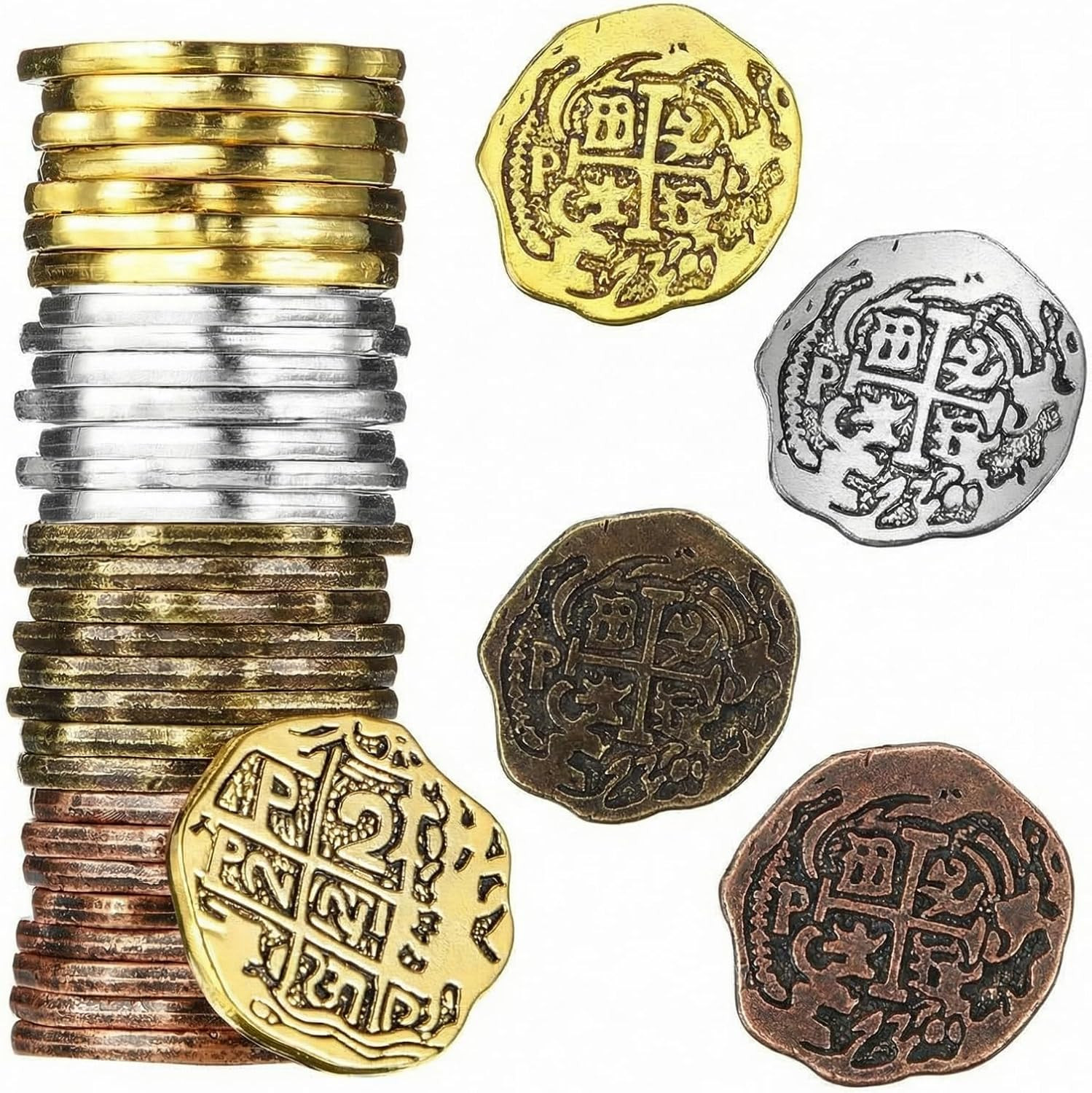 35 Pieces Gold Metal Pirate Coins Bulk Fake Pirate Treasure Coins Poker Chips Se