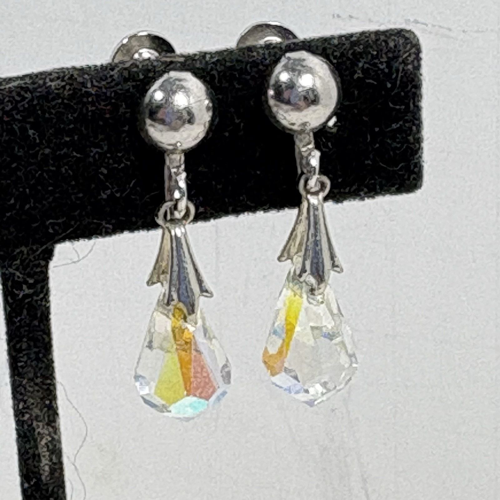 Vintage Crystal Teardrop Dangle Earrings Silver Tone Teardrop Estate Screw 1.25"