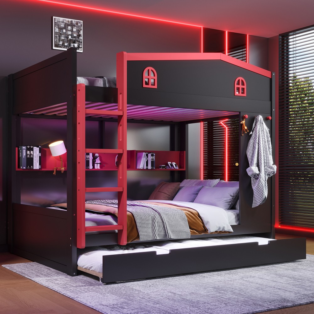 Queen Over Queen Bunk Bed w/ Trundle & Storage, Solid Wood Frame, Black/Red