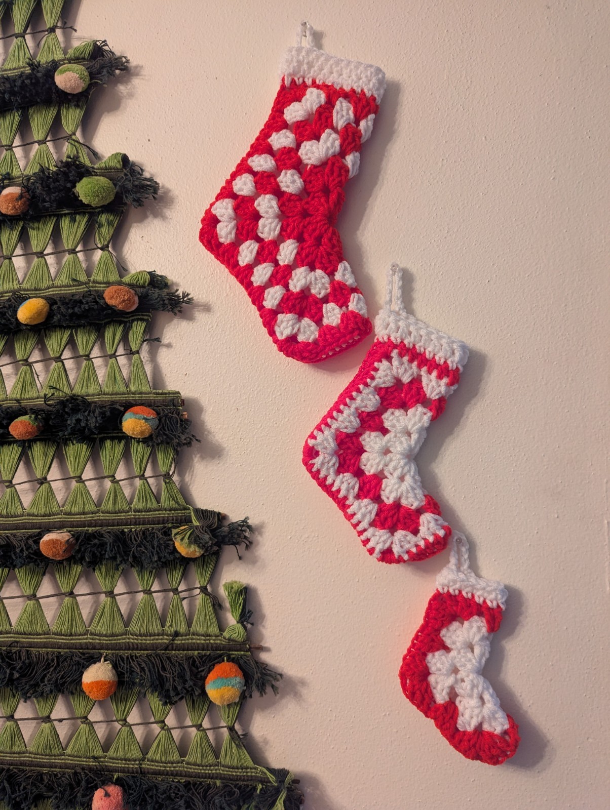 Crochet Christmas Stockings Set of (3) Red And White Homemade Craft
