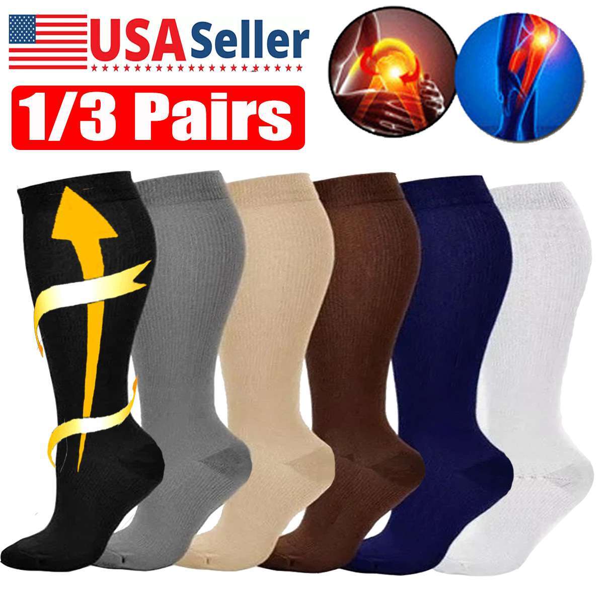 1/3/5Pair Mens Womens Knee High Compression Socks Stockings Medical Relief S-4XL