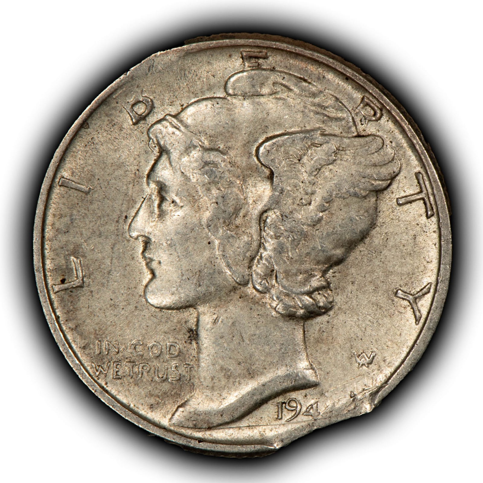 1944 10c Silver Mercury Dime - Mint Error Clipped Planchet Blakesley - SKU-Z6853