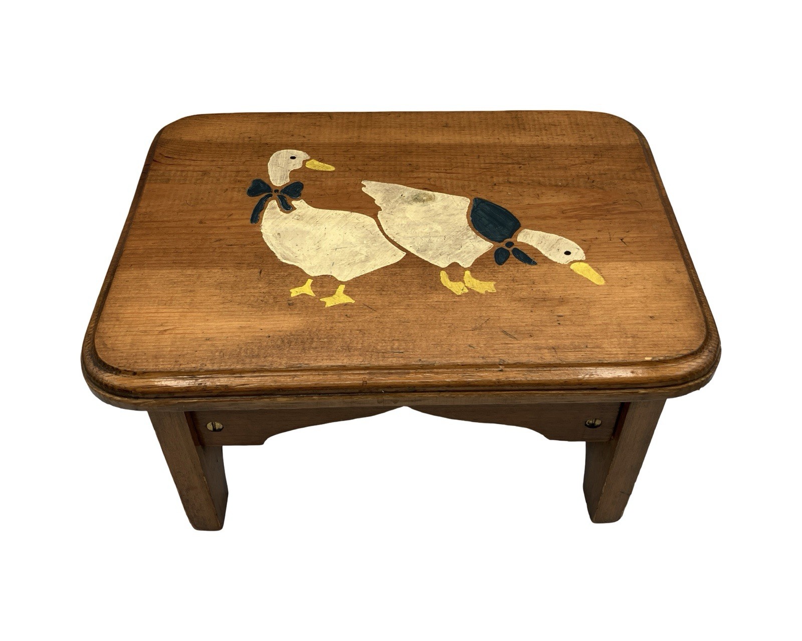 Vintage Country Goose Hand Painted Wooden Stool Folk Art Cottagecore MCM Ducks