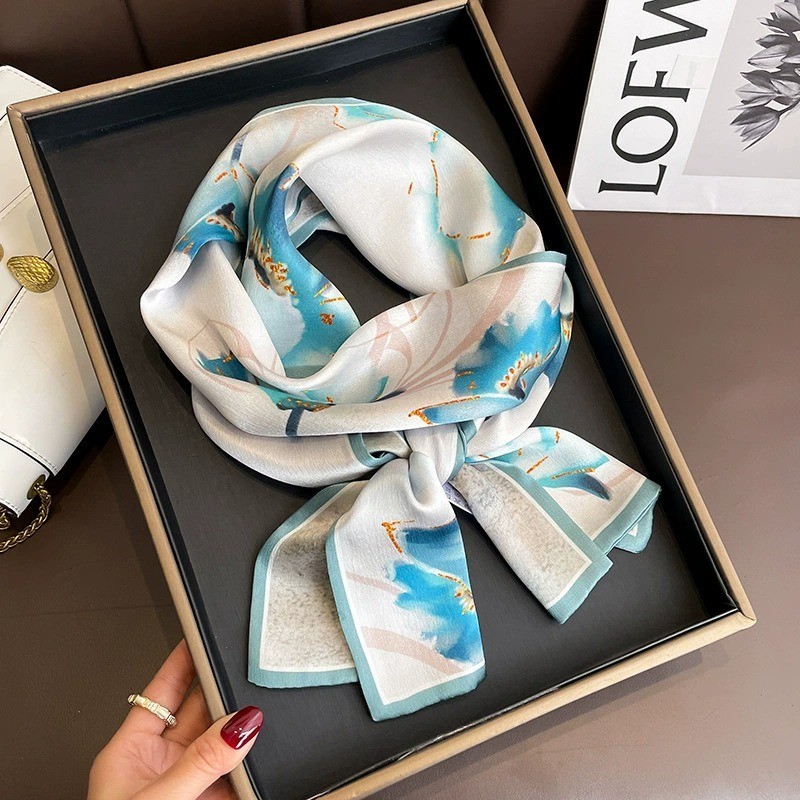 Double Side 100%  Silk Long Scarf Women White Blue Lotus Neckerchief 150*15cm