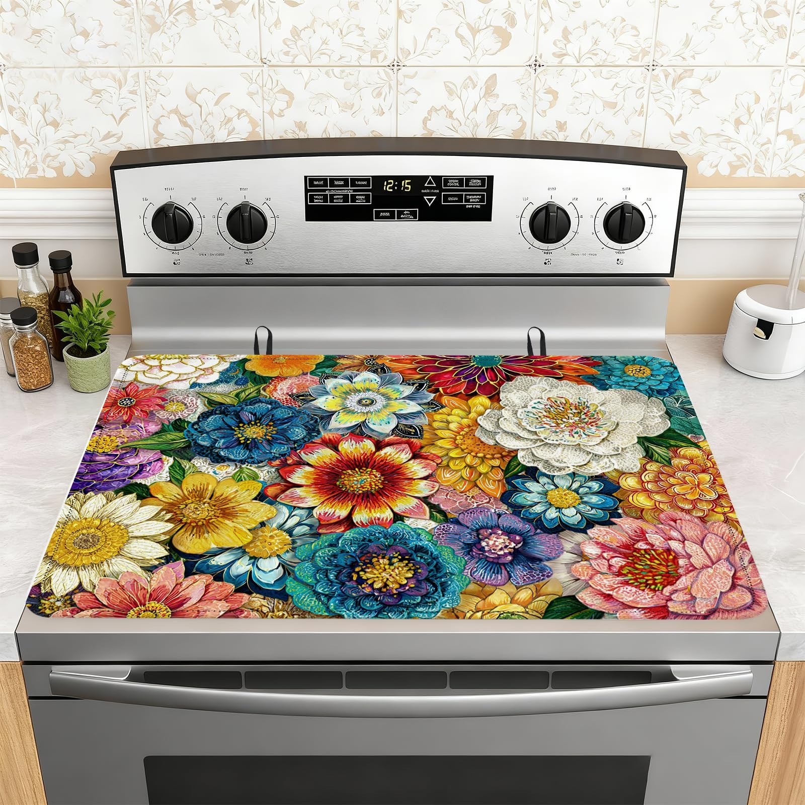 Boho Floral Stove Top Cover for Electric Stove, Bohemia Ethnic Style Range Co...