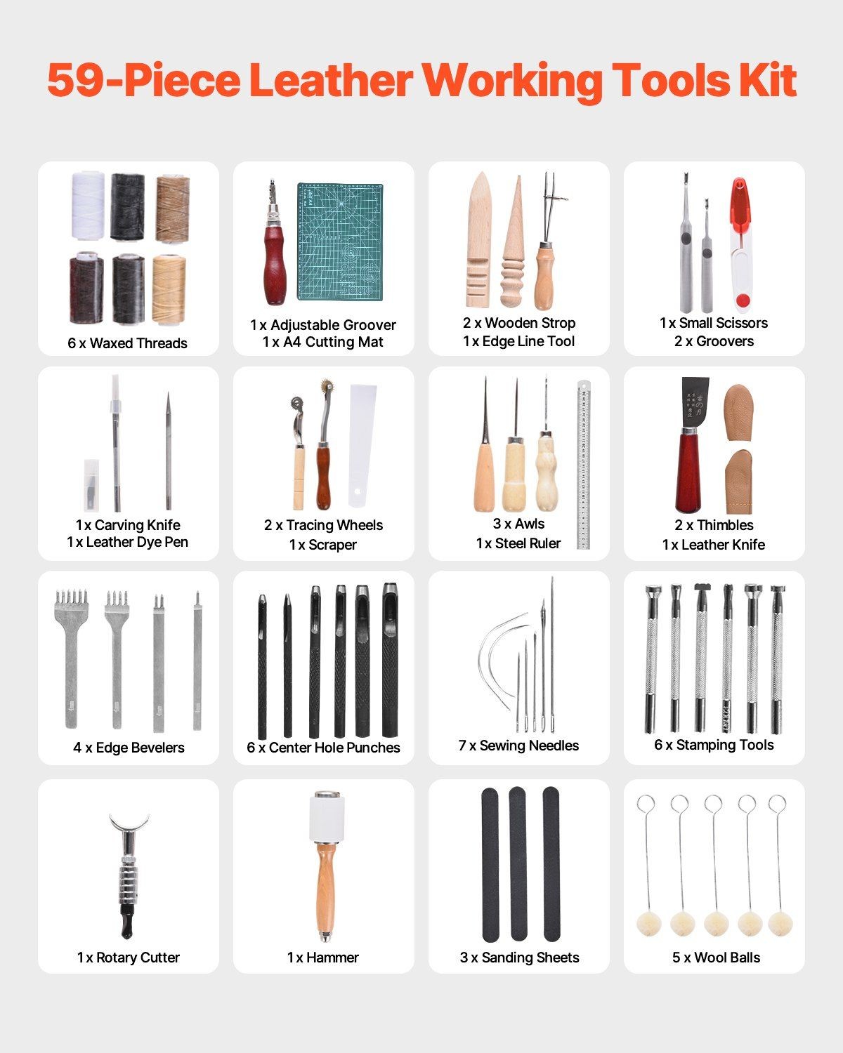 Ultimate Leather Artistry Kit Containing 59 Durable Craft Instruments