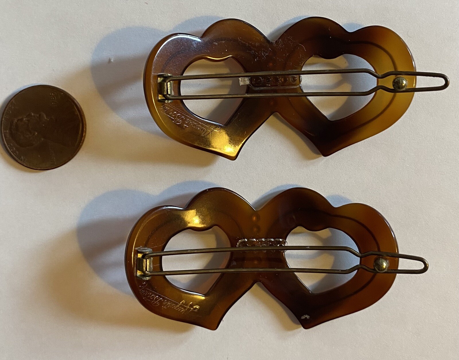 Vintage Art Deco Era Celluloid Barrette Pair Signed Auguste Bonaz Open Hearts