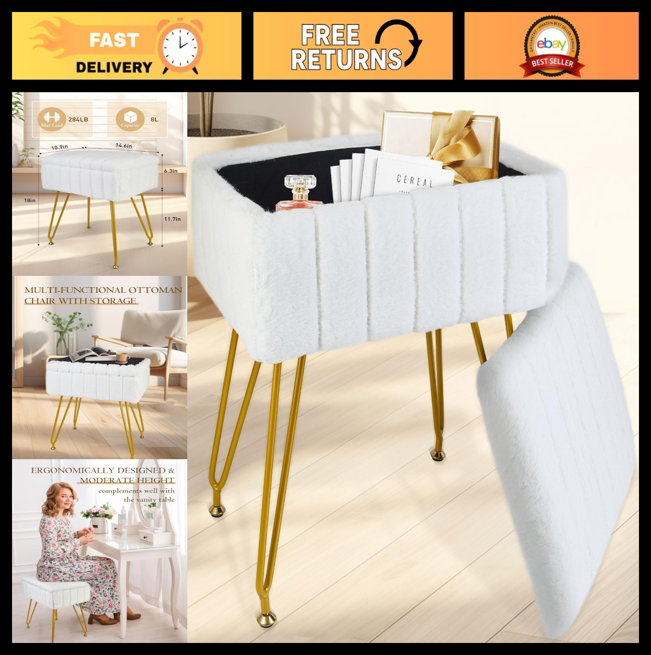 Faux Fur Vanity Stool with Storage, Metal Legs, Multifunctional Footrest Ottoman