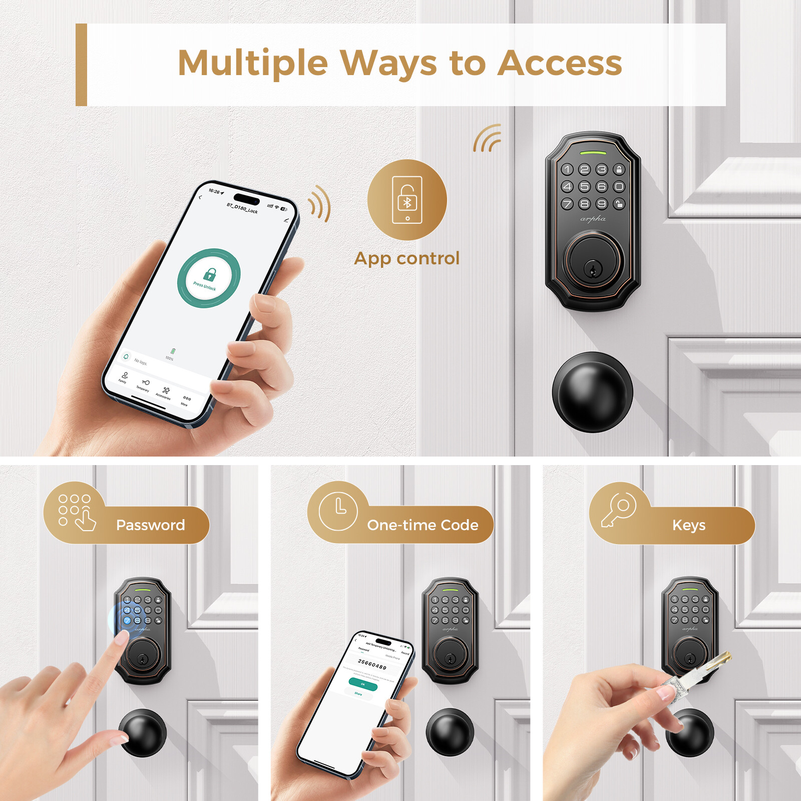 ARPHA Keyless Door Lock Keypad Door Lock ＆ Handle Bluetooth App Keypad Deadbolt