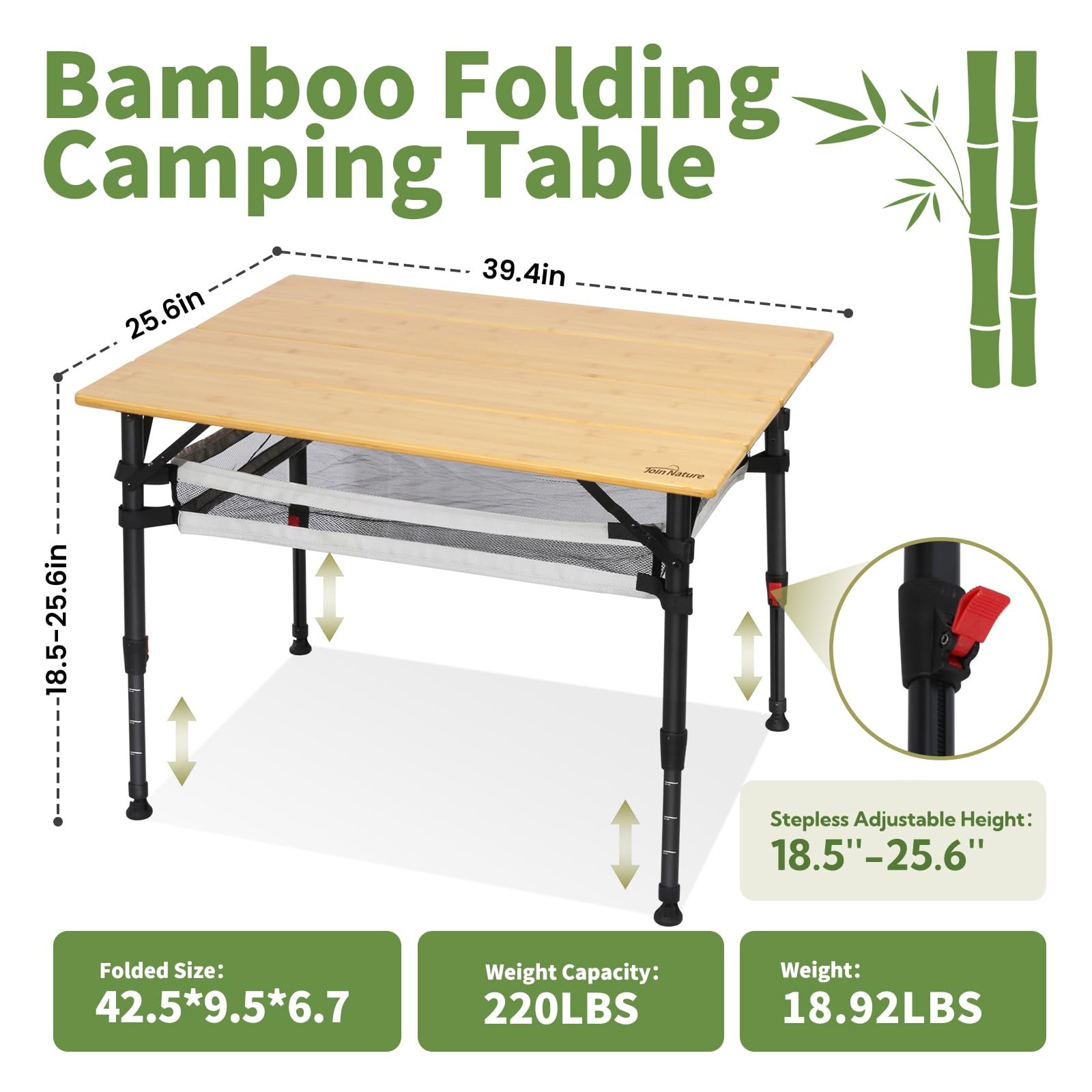 39.4'' Large Bamboo Camping Table, Adjustable Height Folding Outdoor Table wi...