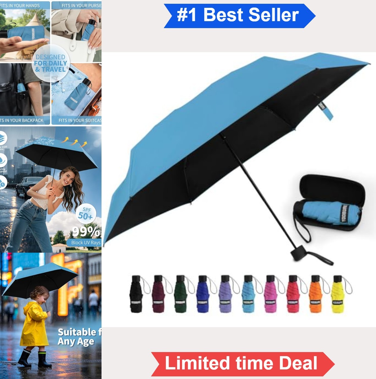 Mini Travel Umbrella Compact Folding 39.5 Inch UPF 50+ UV Protection Rain Sun