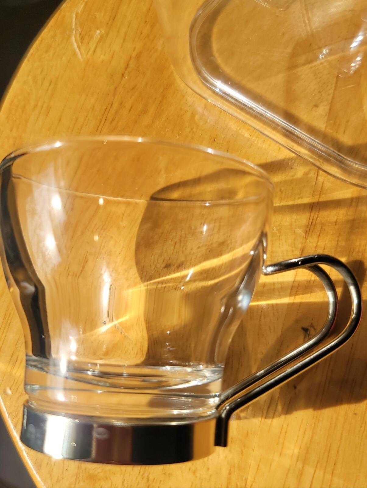 Italian Bormioli Rocco Italy Espresso Cups With Polished Metal Handles.