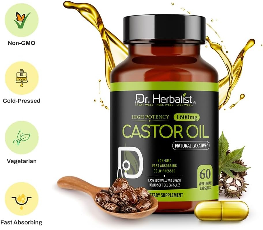 Castor Oil Capsules - 1600Mg per Serving, 60 Count - Non-Gmo, Fast-Absorbing, Ve