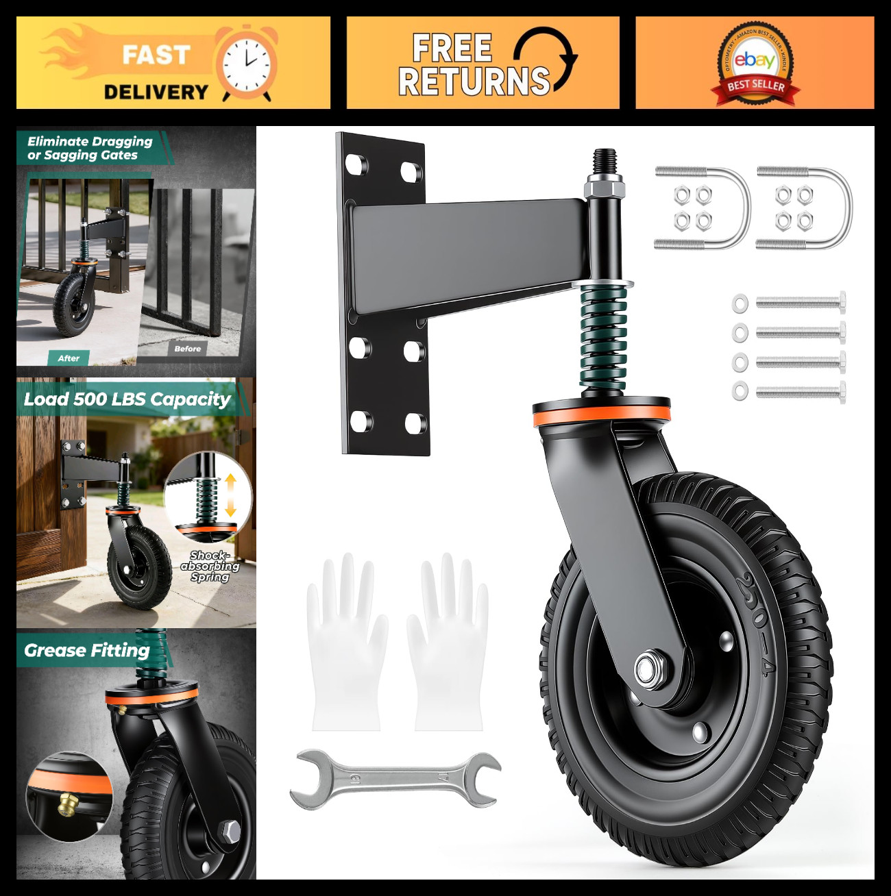 Heavy Duty 6" Gate Wheel - Spring Loaded Caster for Wooden & Metal Gates, 500 LB