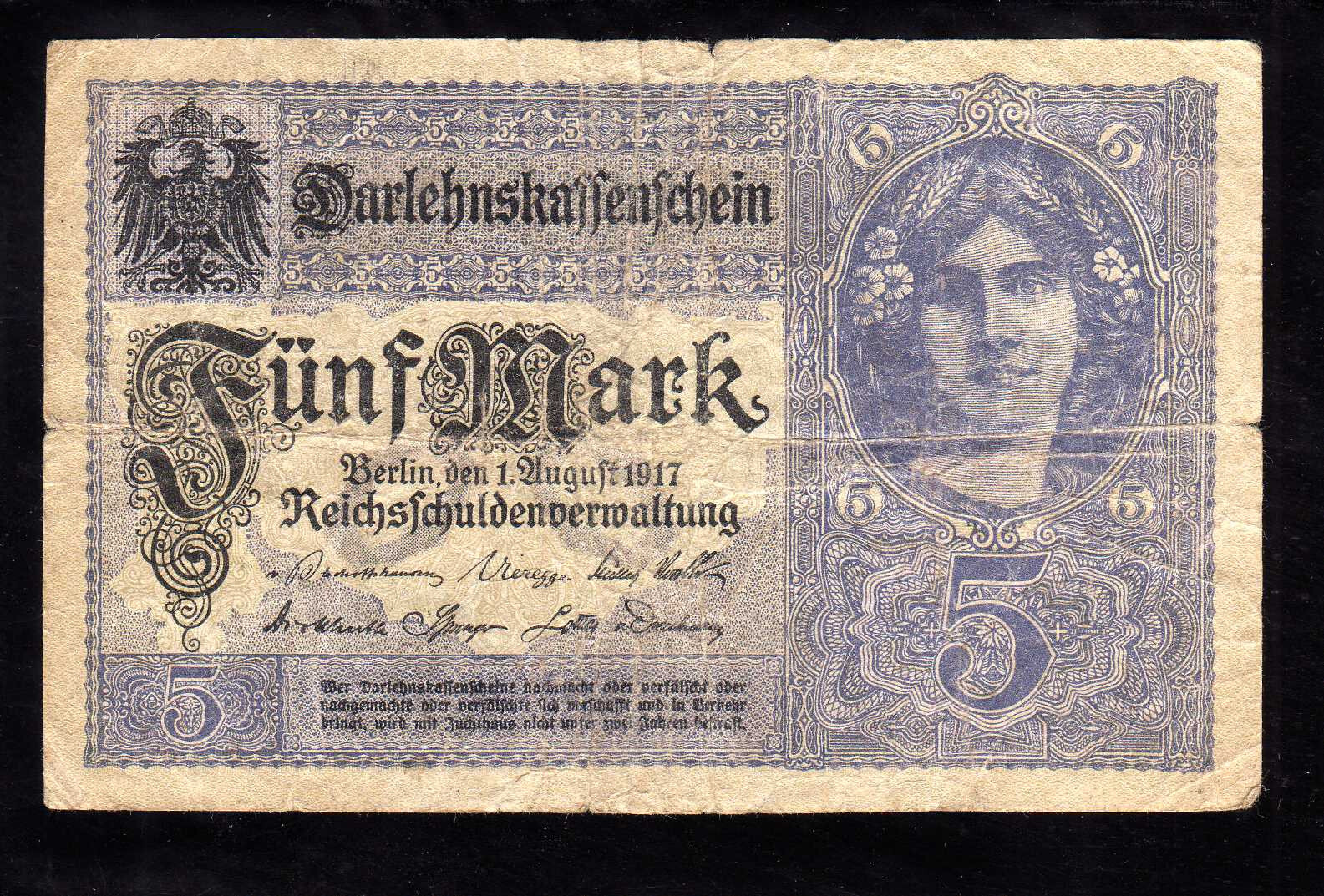 GERMANY BERLIN 1917 - 5 MARK REICHSBANKNOTE / SOLD AS EACH